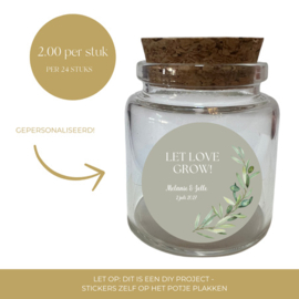 Gepersonaliseerd bedankpotje - Let love grow! - Olijftak - 24 st