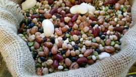 Bonenmix: 10-Bean Soupblend met Parelgort / teelt: traditioneel/ Herkomst: diverse landen / met recept / 500gram