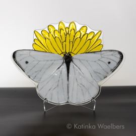 Glazen schaal: vlinder koolwitje op paardenbloem