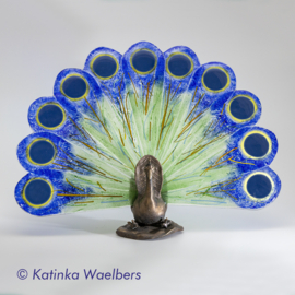 Glaskunst met brons: Pauw groot