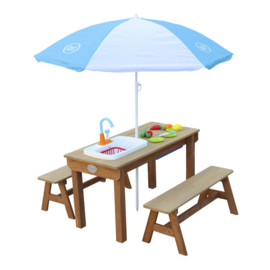 Zand & Water Picknicktafel met Speelkeuken, bankjes en Parasol