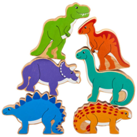 Houten Dinosaurussen Lanka, set van 6 in stoffen zak