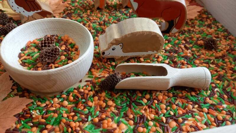 Herfst speelrijst mix in warme kleuren voor sensorisch spel in de speelbak