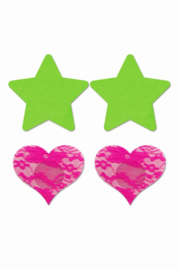 Tepelstickers Ster & Hartje 2 stuks - Neon Groen/Neon Roze