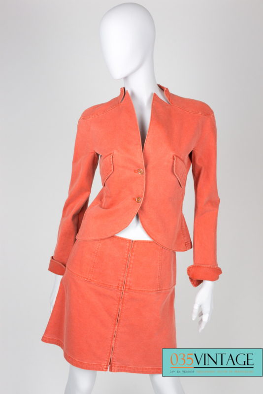orange denim jacket and skirt