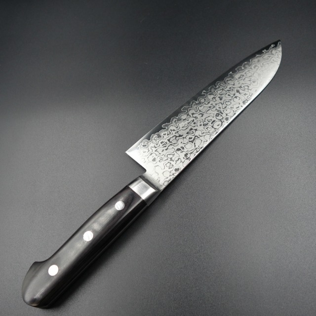 Kagemitsu Enodake 可愛岳, AUS8 Damascus, Santoku (universal knife) 165 mm, Western handle