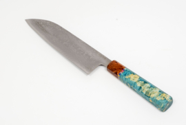 CUSTOM Kurouchi Aogami damascus santoku (Universeel mes ), 185 mm