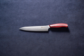 Mitsuboshi Nagomi Damascus Petty (office knife), 150 mm -red pakka wood handle-