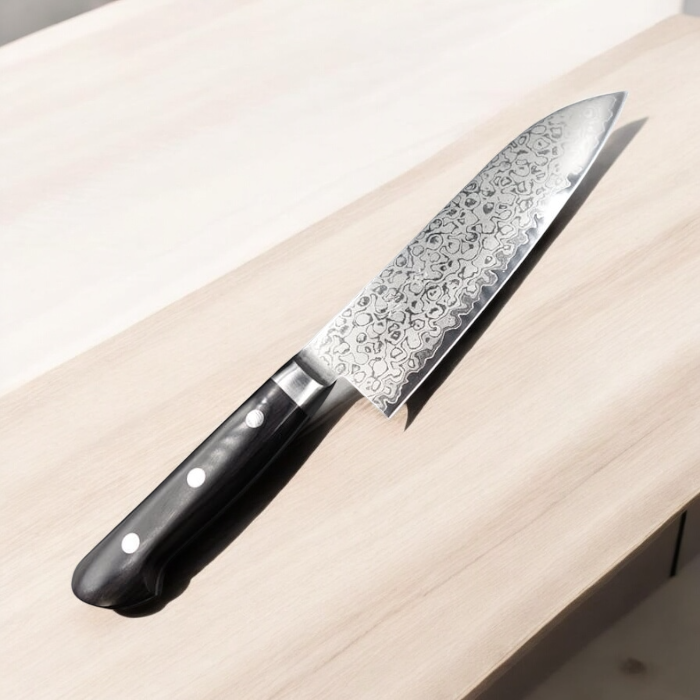 Kagemitsu Enodake 可愛岳, AUS8 Damascus, Santoku (universal knife) 165 mm, Western handle