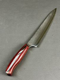 Mitsuboshi Nagomi Damascus Petty (office knife), 150 mm -red pakka wood handle-
