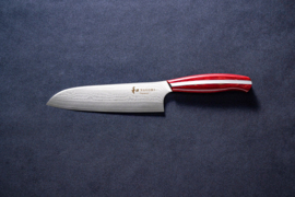 Mitsuboshi Nagomi Damascus Santoku (universal knife), 180 mm -red pakka wood handle-