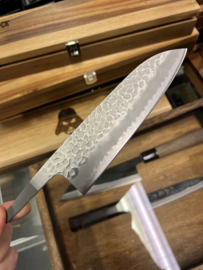 Kagemitsu Minogawa, santoku (universal knife), Sanmai, Aogami Super core, stainless cladding - sharpened- Blade only