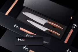 Mitsuboshi Nagomi set 2 messen: Santoku/officemes, 180/150 mm -bruin pakkahout handvat-