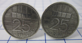 Manchetknopen verzilverd kwartje/25 cent 1988