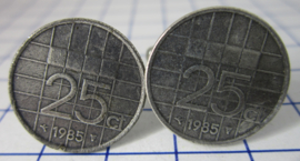 Manchetknopen verzilverd kwartje/25 cent 1985