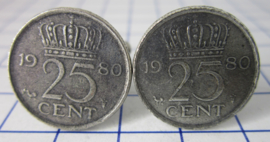 Manchetknopen verzilverd kwartje/25 cent 1980