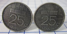 Manchetknopen verzilverd kwartje/25 cent 1992