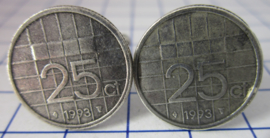 Manchetknopen verzilverd kwartje/25 cent 1993