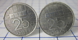 Manchetknopen verzilverd kwartje/25 cent 1986
