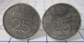 Manchetknopen verzilverd kwartje/25 cent 1990