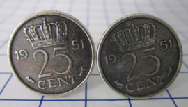 Manchetknopen verzilverd kwartje/25 cent 1951