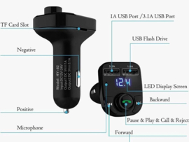 FM transmitter draadloos + Bluetooth 2x USB SD carkit auto