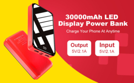 Powerbank 30.000 mAh oplader snellader micro USB C + LED display*rood/zwart*