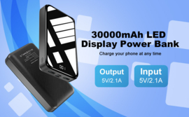 Powerbank 30.000 mAh snellader oplader micro USB C + LED display *zwart*