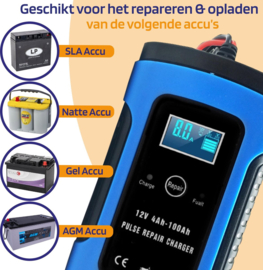 Accu druppel lader druppellader auto acculader 12V + LCD display *blauw*