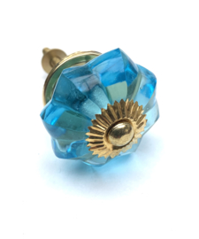 Glazen bloem kastknop blauw, kastknop blauw glas