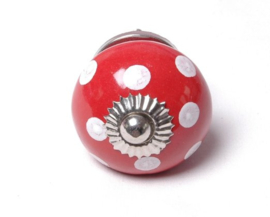 Porseleinen kastknop Rood met Witte Stippen, Rode polka deurknopjes