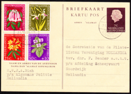 Briefkaart 7 ct met bijfrankering serie 57-60 gestempeld te Hollandia-Noordwijk 31-1-1959 Nieuw Guinea