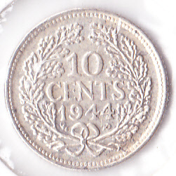 10 cent 1944  Muntmeester teken P Zilver (Pracht)