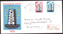 FDC E27 ''Europazegels 1956''  Beschreven met open klep