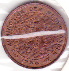 Halve cent 1930 Koningin Wilhelmina   (ZF+)