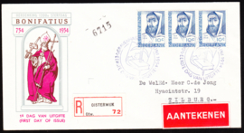 FDC E17 Bonifatius 1954 met strip van 3 zegels, Getypt met dichte klep