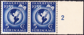 Plaatfout Suriname 323 PM  in paar Postfris Cataloguswaarde 15,00