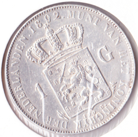 Nederland 1 gulden Zilver 1892 Koningin Wilhelmina ZF+