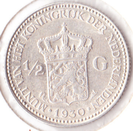 Nederland ½ gulden Zilver 1930 Koningin Wilhelmina ZF