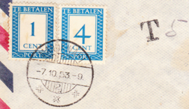 2x Nederlandse Port uitgiftes op complete brief gestempeld te Manokwari 7-10-1953 Nieuw Guinea