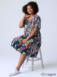 Long A-Line Dress (C-2203-PRINT) T30008-Bold Lines Waves Lime-Sky Blue