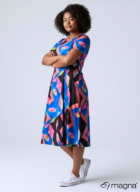 Long A-Line Dress (C-2203-PRINT) T32075-Mixed Shapes Roze-Blue