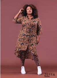 Chiffon Long Buttons-Up Tuniek-Jurk (ZF-DR-1004-PR) Z41063-Blocked Flower Camel
