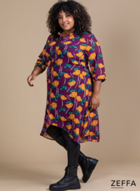 Chiffon Long Buttons-Up Tuniek-Jurk (ZF-DR-1004-PR) X64026-Plum-Orange Leafs