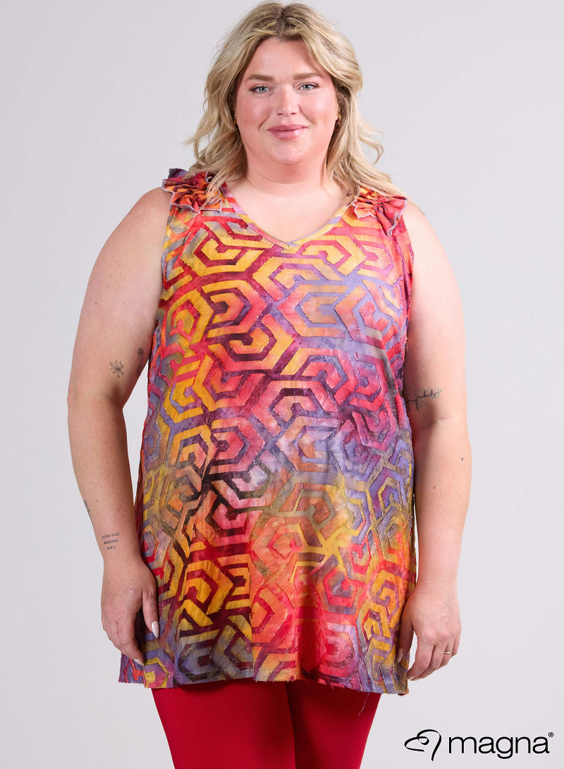 A-Line Sleeveless Frill Top-Tunic (C-2514-MSH) T77076-Maze Red-Yellow
