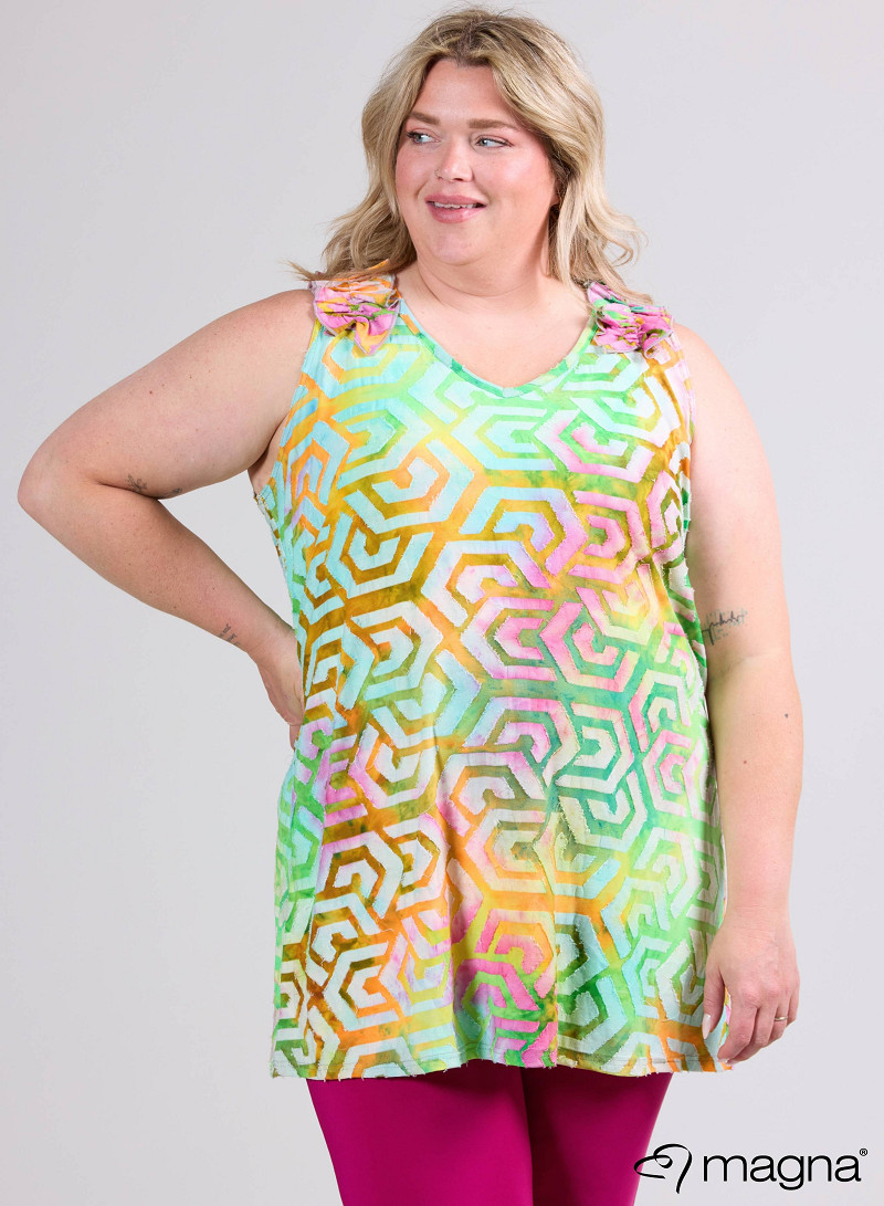 A-Line Sleeveless Frill Top-Tunic (C-2514-MSH) T77008-Maze Orange-Pink-Lime