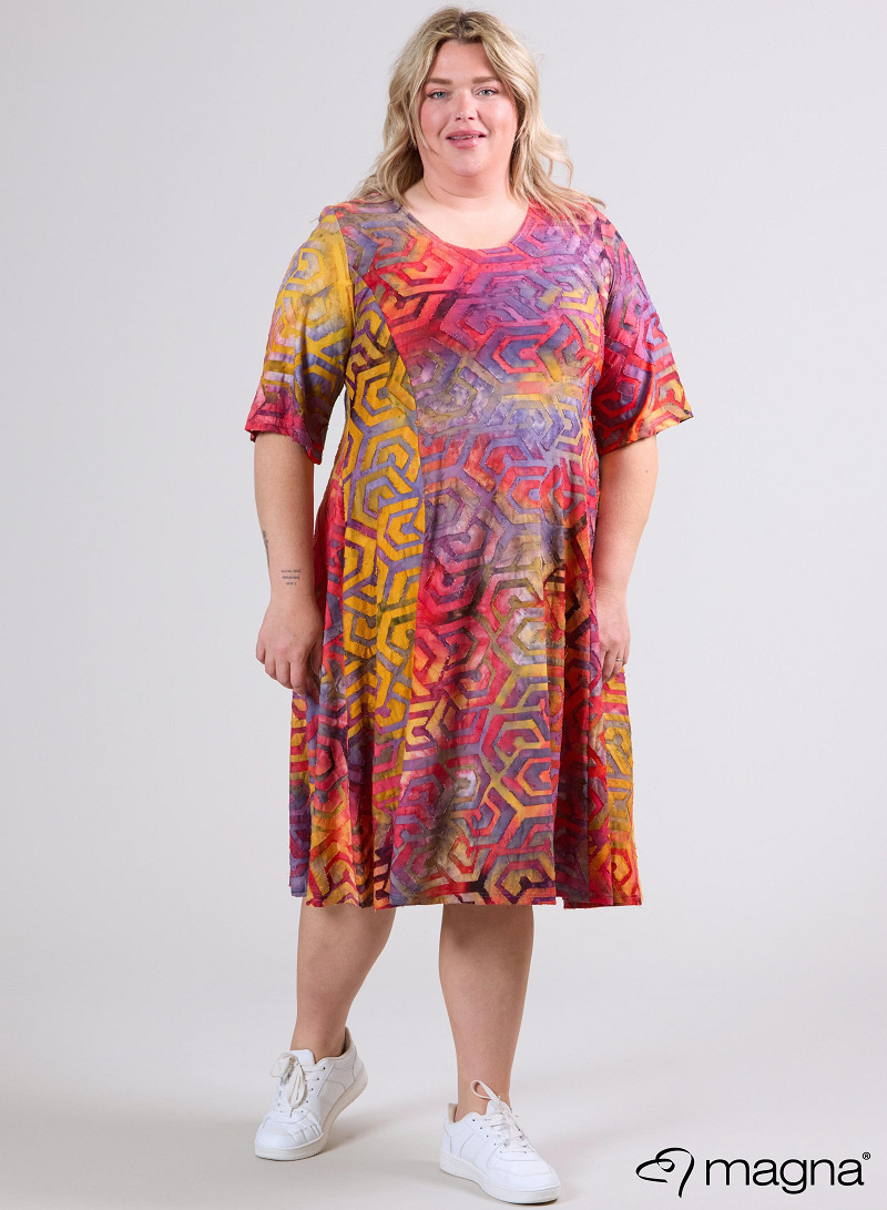 Long A-Line Dress (C-2513-MSH) T77076-Maze Design Red-Yellow
