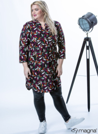 A-Line Long Pocket Tunic (C-2217-PR) X30026-Small Leaves Plum-Green
