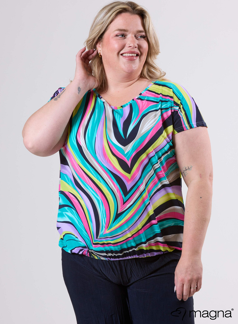 Simple Elastic Band Shirt (A-2502-PRINT) T73017-Rainbow Waves
