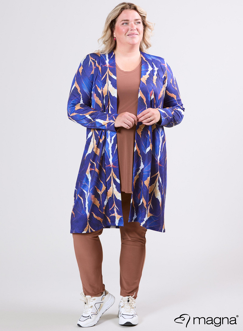 Open Front Loose Cardigan (N-2201-PRINT) T69060-Autumn Leaves Camel-Blue